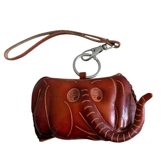 Handmade Elephant Leather Coin Purse Keychain Wristlet Brown Embossed Animal - Picture 1 of 7